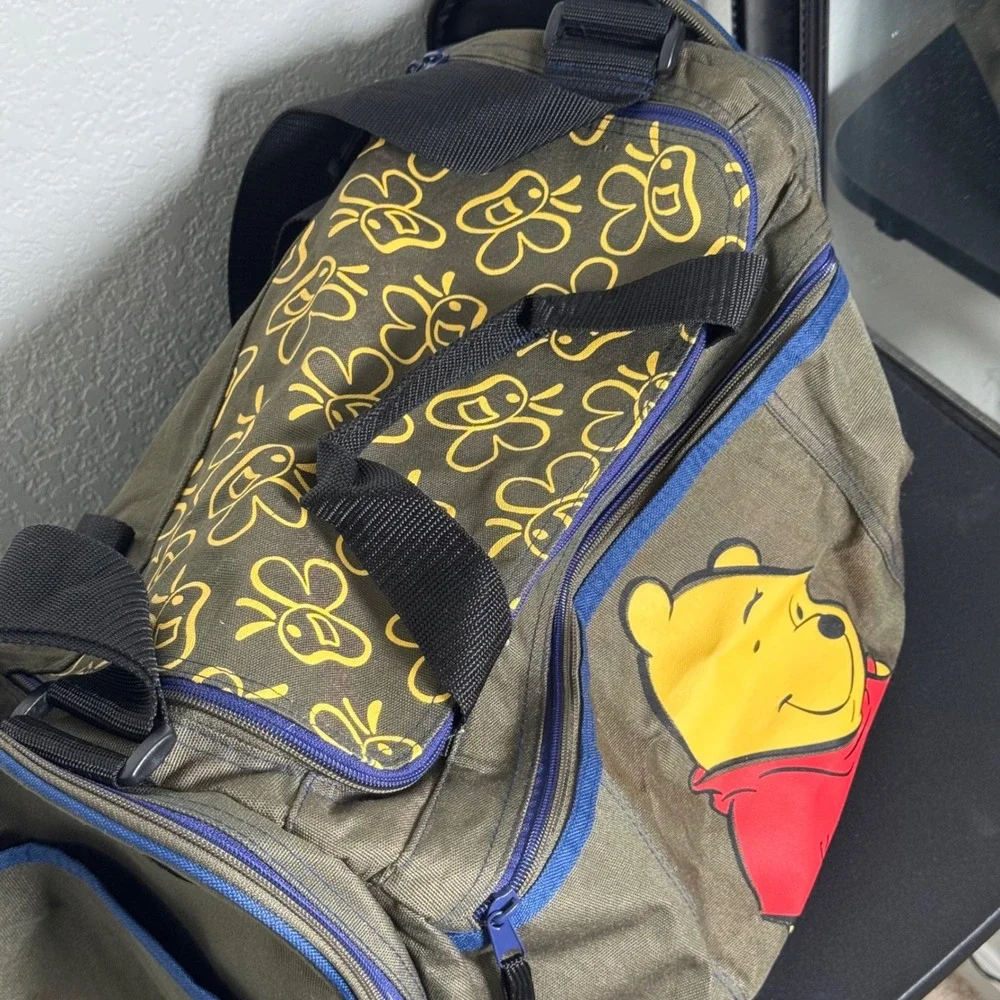 VINTAGE Disney Pooh Duffel Bag Unisex Large Olive Green Winnie The Pooh Graphic